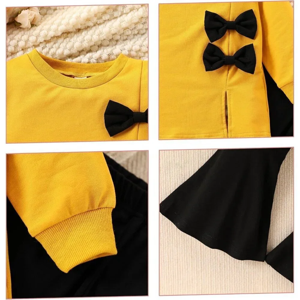 3-9 Years Kids Toddler Girl Clothes bow tie Sweatshirt Flared Pants 2Pcs Fall Wi